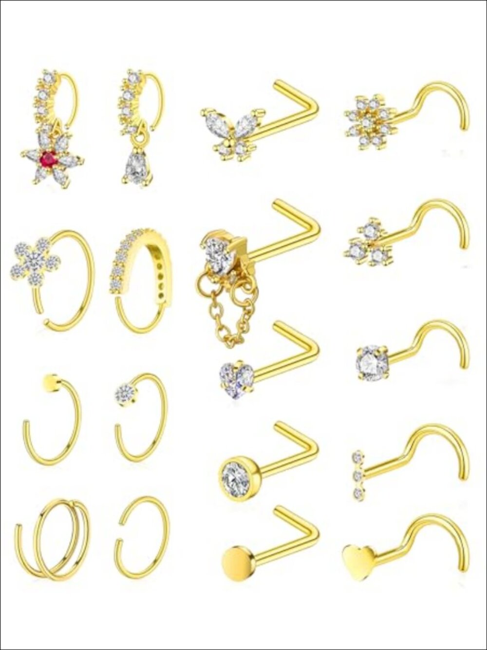 Gold Plated Stainless Steel Nose Rings 18pc Hypoallergenic Piercing Set